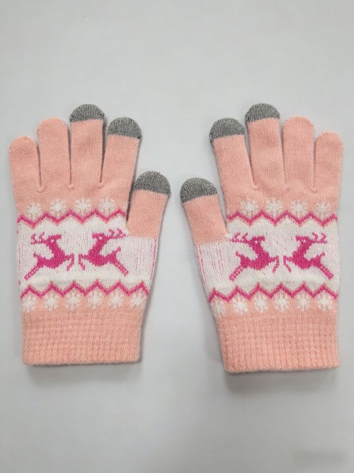 Winter Warm Touchscreen Knit Gloves, Pink Deer Jacquard Gloves