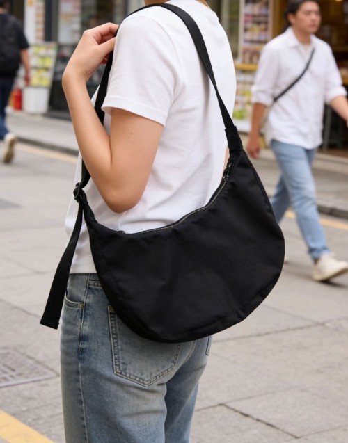 BSCI Certified Black Nylon Crescent Shoulder Bag for Women