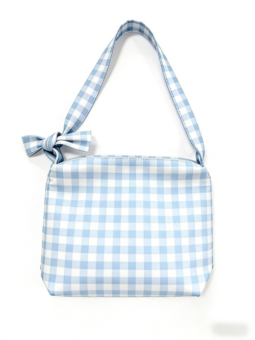BSCI Certified Blue & White Gingham Check Shoulder Bag
