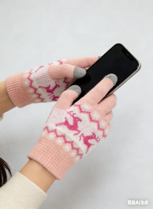 Winter Warm Touchscreen Knit Gloves, Pink Deer Jacquard Gloves