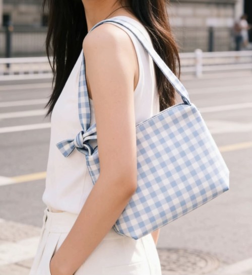 BSCI Certified Blue & White Gingham Check Shoulder Bag